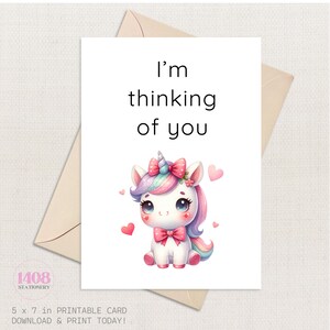 Thinking of You Unicorn Printable Card . Appreciation Friendship Family Greeting  . Cute Warmest Care Hearfelt Message . Friendly Reminder