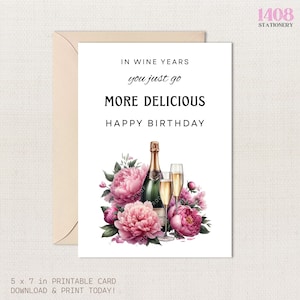 Champagne Happy Birthday Printbare kaart. Wijnglazen, bloemen, vrienden, familie, felicitaties. Feestwensen, bericht, feesttijd.