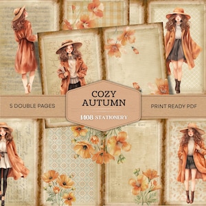 Puede incluir: Un conjunto de papelería digital con un tema de otoño acogedor. La imagen presenta ilustraciones de mujeres con atuendos de otoño, acentos florales y fondos de papel vintage. El texto incluye "Cozy Autumn", "5 Double Pages" y "Print Ready PDF".