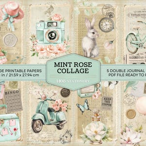 Puede incluir: Un collage de papeles imprimibles de estilo vintage con un tema de menta y rosa. El diseño incluye una cámara, una bicicleta, un scooter y otros elementos decorativos. El tamaño del papel es de 21,59 x 27,94 cm.