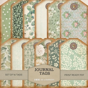 Puede incluir: Un conjunto de 16 etiquetas de diario con varios diseños, incluyendo fondos florales, de hojas y estampados. Las etiquetas presentan una estética vintage con un borde desgastado y un ojal reforzado. El texto en las etiquetas dice "Journal Tags", "Set of 16 Tags" y "Print Ready PDF".