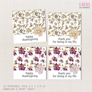 Happy Thanksgiving Printable Tags. Dinner Friends Family Greeting Purple Floral Note . Celebration Wishes Warmest Thank You Holidays Message