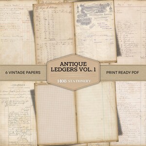 May include: A collection of antique ledger pages with handwritten text and illustrations. The pages are aged with a vintage aesthetic. The image includes text that reads "Antique Ledgers Vol. 1" and "6 Vintage Papers."