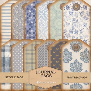 Puede incluir: Conjunto de 16 etiquetas de diario de estilo vintage con varios patrones, incluyendo rayas, florales y lunares. Las etiquetas presentan un aspecto envejecido y desgastado con una paleta de colores neutros de azules, verdes y cremas. Las etiquetas están etiquetadas como "Journal Tags".