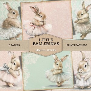 Bunnies Journal Pages . Cute Bunny Junk Journal Papers . Printable Vintage Ballerina Ballet Pages. Mint Pink Collage Decorative Sheets