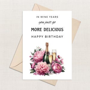 Champagne Happy Birthday Printable Card . Wine Glasses Flowers  Friends Family Greeting Note . Celebration Wishes Message Party Time