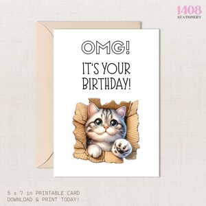 Carte d'anniversaire imprimable « Joyeux anniversaire » pour chatons. Message de vœux pour la famille et les amis. Message de vœux amusant pour une fête ! Gâteau et fête !