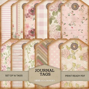Puede incluir: Conjunto de 16 etiquetas de diario de estilo vintage con varios diseños florales y estampados. Las etiquetas presentan un aspecto envejecido y desgastado con una paleta de colores neutros de rosas, cremas y marrones. Cada etiqueta tiene un ojal reforzado.