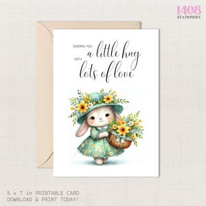 Sending Hugs Printable Card . Cute Bunny Floral Appreciation Greeting Note Friends . Warmest Care Hearfelt Message . Friendly Reminder