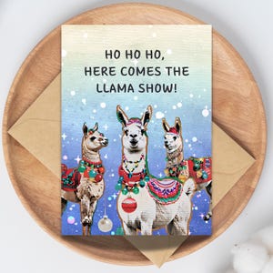 Tarjeta navideña divertida con llamas para imprimir / Tarjeta festiva con cita humorística de llamas / Descarga instantánea de arte festivo con llamas