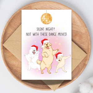 Afdrukbare kerstkaart dansende honden | Grappige vakantiegroet | Digitale download Silent Night Party-ontwerp | Leuke kerstkaart voor hondenliefhebbers