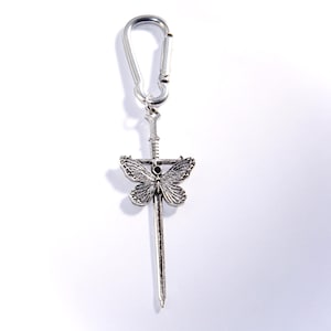 Silver carabiner keychain for keys and bags with butterfly sword charm