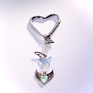 Silver Heart Carabiner Keychain: Angel, Moon, Star & Blue Charms