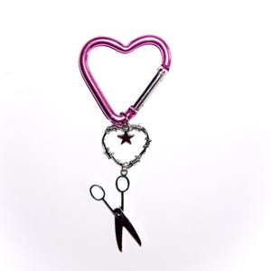 Heart Carabiner Keychain: Barbed Wire Heart, Star and Scissors Charms