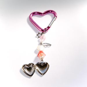 Pink Heart Carabiner Keychain: With Picture Photo Locket And Angel Colourful Charms