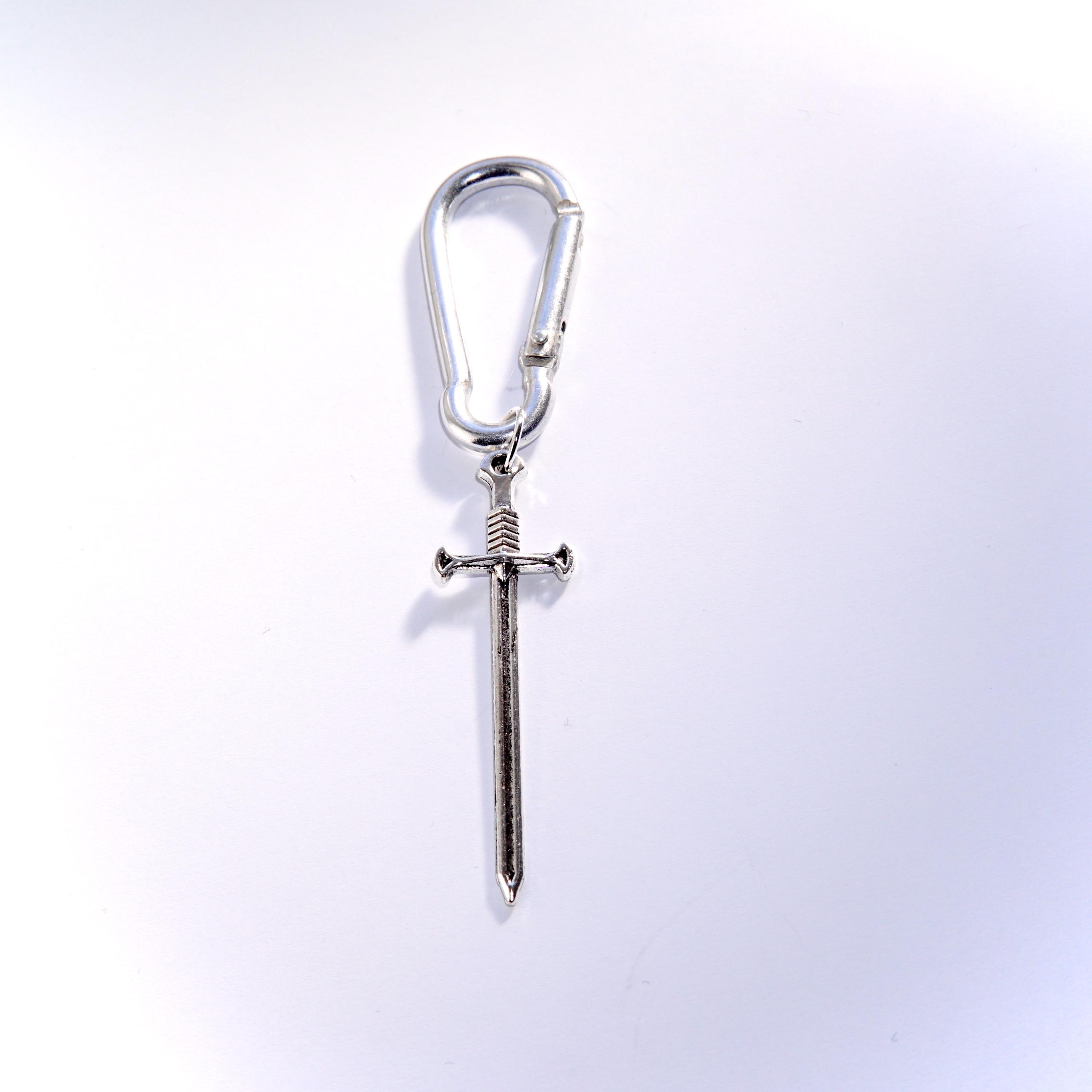 Silver Colour Carabiner Keychain, for Keys and Bags With Sword