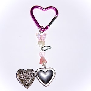 Pink Heart Carabiner Keychain: With Picture Locket Charm And Colourful Flower And Angel Charms