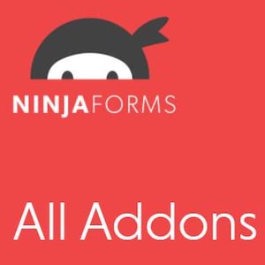 Può includere: Logo Ninja Forms con il testo "Ninja Forms" in bianco e il testo "All Addons" in bianco sotto il logo.
