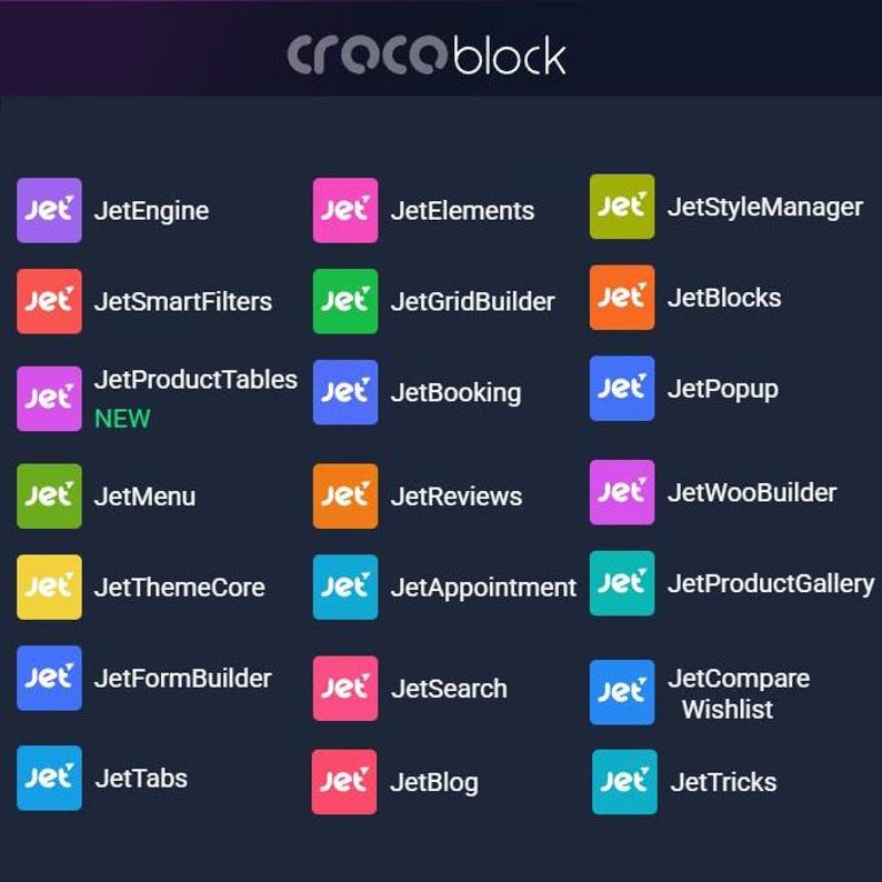 May include: A grid of colorful squares with the word "Jet" in white text on each square. Each square has a different color and is labeled with a different name, such as "JetEngine", "JetElements", "JetStyleManager", "JetSmartFilters", "JetGridBuilder", "JetBlocks", "JetProductTables", "JetBooking", "JetPopup", "JetMenu", "JetReviews", "JetWooBuilder", "JetThemeCore", "JetAppointment", "JetProductGallery", "JetFormBuilder", "JetSearch", "JetCompare Wishlist", "JetTabs", "JetBlog", and "JetTricks".