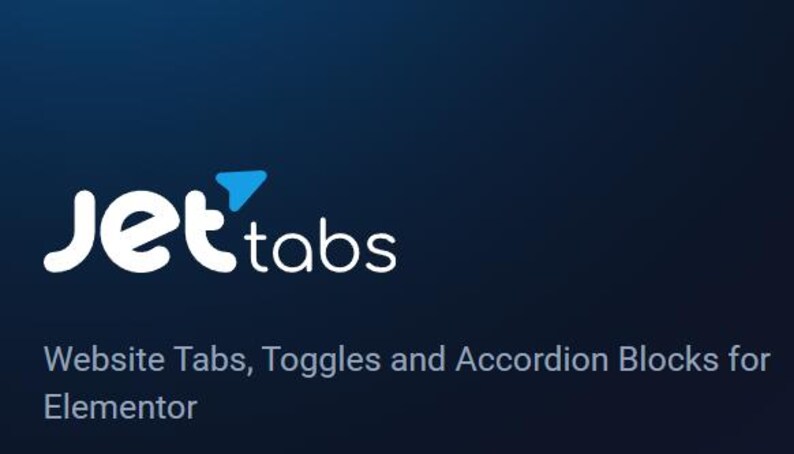 May include: JetTabs logo with a blue arrow and the text "JetTabs" in white. The text below the logo reads "Website Tabs, Toggles and Accordion Blocks for Elementor".
