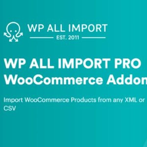 Peut inclure: Texte blanc sur fond turquoise indiquant "WP ALL IMPORT EST. 2011" et "WP ALL IMPORT PRO WooCommerce Addon". En dessous du texte se trouve la phrase "Importer des produits WooCommerce &agrave; partir de n'importe quel fichier XML ou CSV".