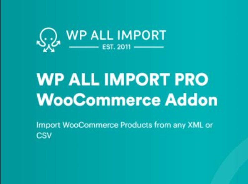 Peut inclure: Texte blanc sur fond turquoise indiquant "WP ALL IMPORT EST. 2011" et "WP ALL IMPORT PRO WooCommerce Addon". En dessous du texte se trouve la phrase "Importer des produits WooCommerce &agrave; partir de n'importe quel fichier XML ou CSV".