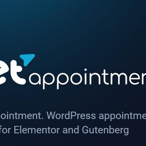 May include: JetAppointment logo with a blue airplane icon and the text "JetAppointment" in white. The text below the logo reads "JetAppointment. WordPress appointment plugin for Elementor and Gutenberg."