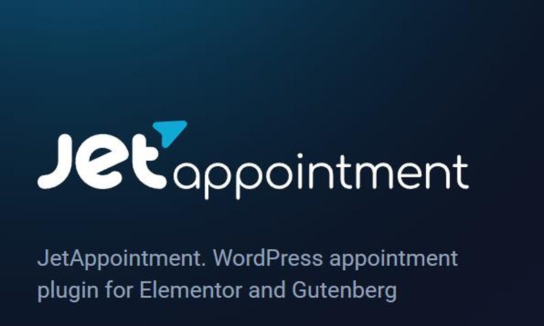 May include: JetAppointment logo with a blue airplane icon and the text "JetAppointment" in white. The text below the logo reads "JetAppointment. WordPress appointment plugin for Elementor and Gutenberg."