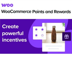 May include: Promotional image for WooCommerce Points and Rewards. It features a brown water bottle with a silver cap, a white box with star icons, and a gift icon. The text reads "Create powerful incentives."
