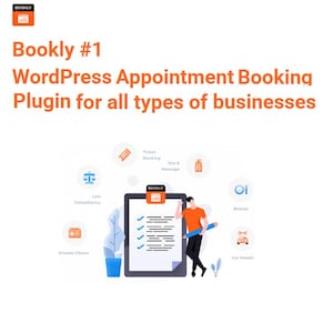 Puede incluir: Una ilustración de una persona que utiliza una aplicación de lista de verificación en una tableta. La aplicación se llama "Bookly" y está diseñada para programar citas para empresas. La ilustración muestra una variedad de empresas que pueden utilizar la aplicación, incluidos bufetes de abogados, salones de belleza, talleres de reparación de automóviles y clínicas privadas.