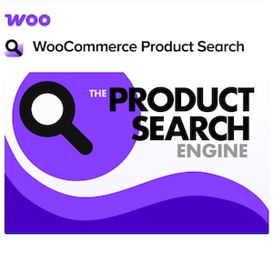 Op de afbeelding: Een paars en wit logo met een vergrootglas en de tekst "The Product Search Engine" voor een WooCommerce-productzoekplugin.