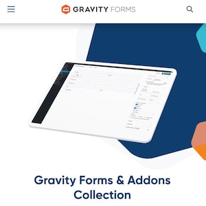 Può includere: Uno screenshot di uno schermo di computer che mostra un'interfaccia di creazione di moduli con il testo "Gravity Forms" nell'angolo in alto a sinistra. Il testo "Gravity Forms & Addons Collection" è visualizzato sotto lo schermo.