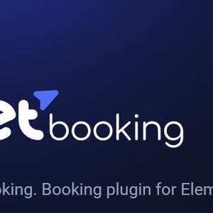 May include: JetBooking logo with a blue airplane icon and the text "JetBooking" in white on a dark blue background. The text "JetBooking. Booking plugin for Elementor" is below the logo.