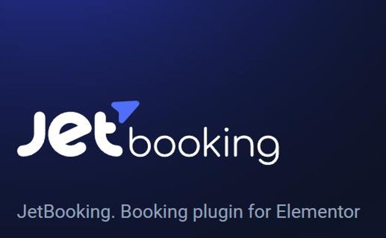 May include: JetBooking logo with a blue airplane icon and the text "JetBooking" in white on a dark blue background. The text "JetBooking. Booking plugin for Elementor" is below the logo.