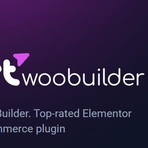 May include: JetWooBuilder logo with a purple gradient background. The logo is white with a pink arrow and the text "JetWooBuilder". The text below the logo reads "JetWooBuilder. Top-rated Elementor WooCommerce plugin."