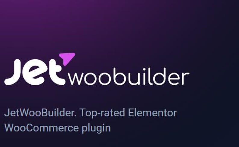 May include: JetWooBuilder logo with a purple gradient background. The logo is white with a pink arrow and the text "JetWooBuilder". The text below the logo reads "JetWooBuilder. Top-rated Elementor WooCommerce plugin."