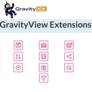 Peut inclure: Ensemble de neuf icônes représentant différentes fonctionnalités pour les extensions Gravity View. Les icônes sont encadrées de rose et sont sur un fond blanc. Les icônes comprennent un filtre, une étoile, une icône de partage, une liste, un compteur de vitesse, une icône de tri, une icône d'utilisateur, une icône de document et une icône de document avec un crayon.