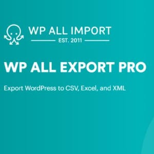 Peut inclure: Texte blanc sur fond turquoise indiquant "WP ALL IMPORT EST. 2011" avec une ic&ocirc;ne de pieuvre. En dessous du texte, on trouve "WP ALL EXPORT PRO" et "Exporter WordPress vers CSV, Excel et XML".