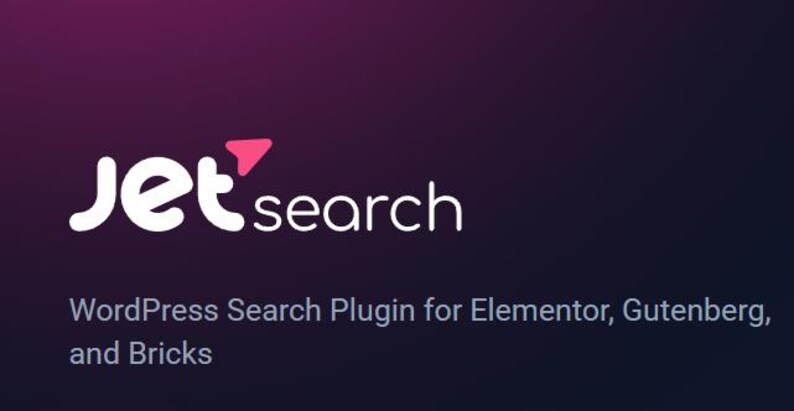 May include: JetSearch logo with a pink arrow, white text, and the tagline "WordPress Search Plugin for Elementor, Gutenberg, and Bricks".