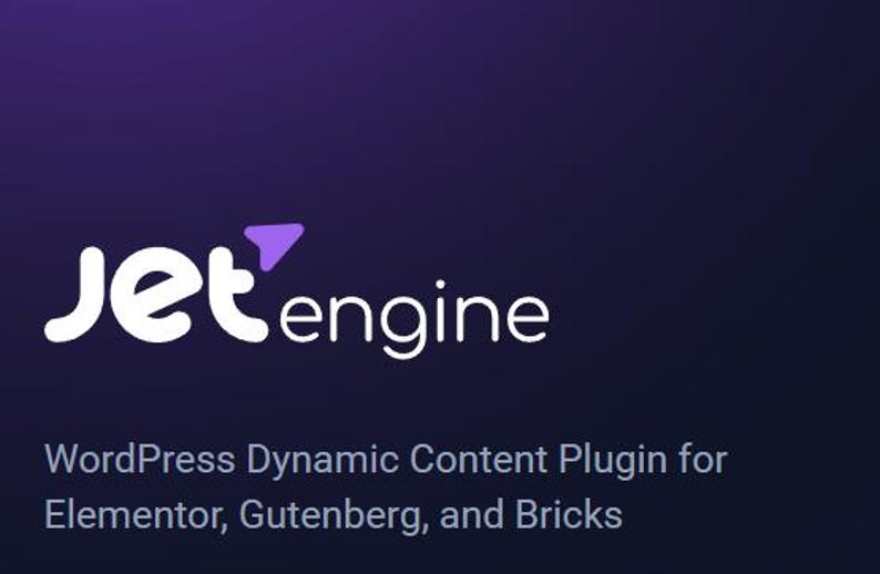 May include: JetEngine logo with a purple airplane icon and the text "JetEngine" in white. The text below the logo reads "WordPress Dynamic Content Plugin for Elementor, Gutenberg, and Bricks".