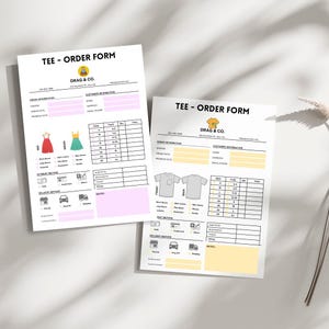 May include: Two blank order forms for a clothing company called "DRAG & CO." The forms are designed for ordering t-shirts. The forms include sections for customer information, order information, payment method, delivery method, and notes.