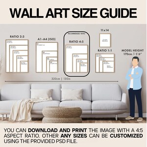 May include: A wall art size guide with different ratios and measurements in inches and centimetres. The guide includes a model for scale. The text reads "Wall Art Size Guide", "Ratio 2:3", "A1-A4 (ISO)", "Recommended Ratio", "Ratio 4:5", "11x14", "Ratio 1:1", "Model Height 170cm | 5'6", "320cm | 130in", "You can download and print the image with a 4:5 aspect ratio. Other any sizes can be customized using the provided PSD file."
