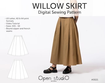 Long pleated skirt PDF sewing pattern - video tutorial included