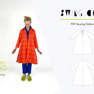 以下が含まれることがあります： スイングコートのPDF縫製パターン。パターンには、襟とポケット付きのロングでゆったりとしたコートを作るための手順と図が含まれています。パターンはXSサイズでご利用いただけます。モデルは赤と白のチェック柄のコートを着ています。