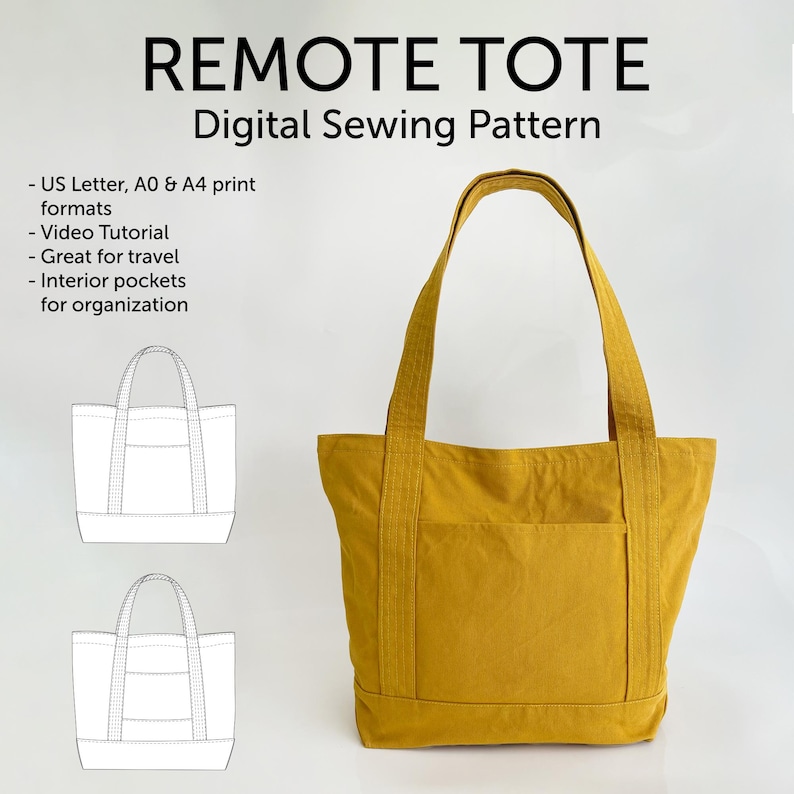 May include: Mustard-coloured tote bag with a front pocket and two handles. The bag is made of a sturdy fabric and has a rectangular shape. The text "REMOTE TOTE Digital Sewing Pattern" is at the top of the image.