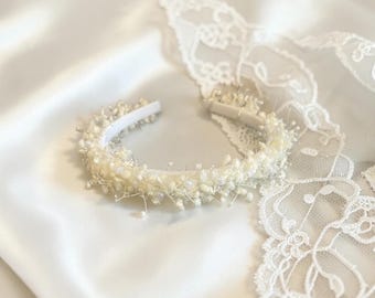 Flower Girl White Pearl & Gypsophilia Headband. Weddings and Special Occasions