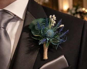 Handmade Emerald Green Rose Thistle Buttonhole (Boutonnière) Gift – Ideal for Weddings, Proms, Races & Special Celebrations