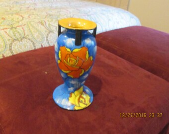 Blue vase with orange flowers Sakiraware, 1930's hand painted good condition