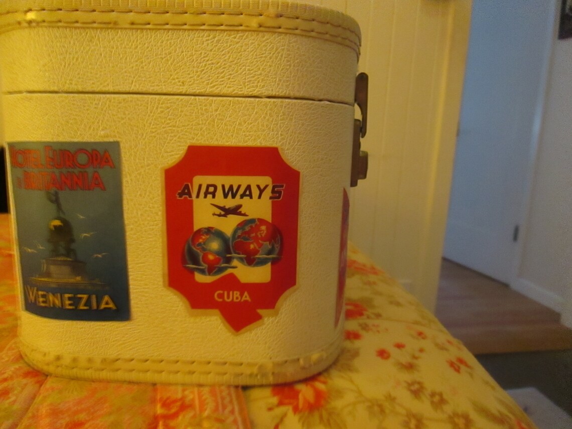 Train case vintage white leather with vintage travel labels Etsy