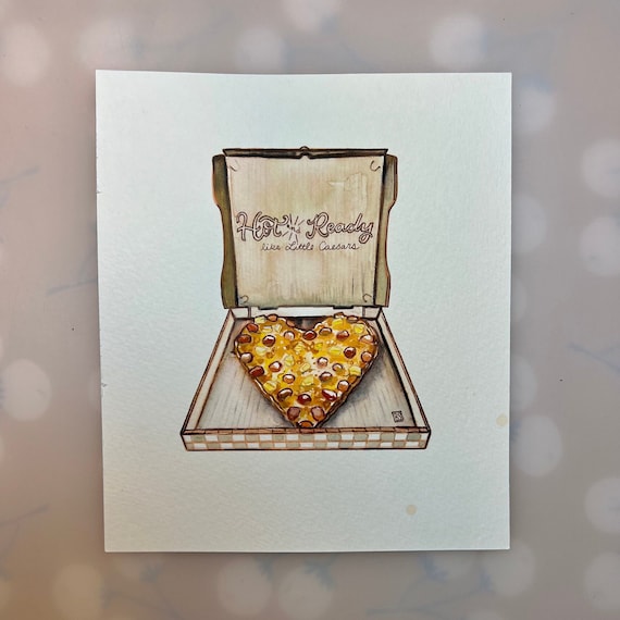 Hot and Ready Heart Pizza (6"x7" original mixed media painting)